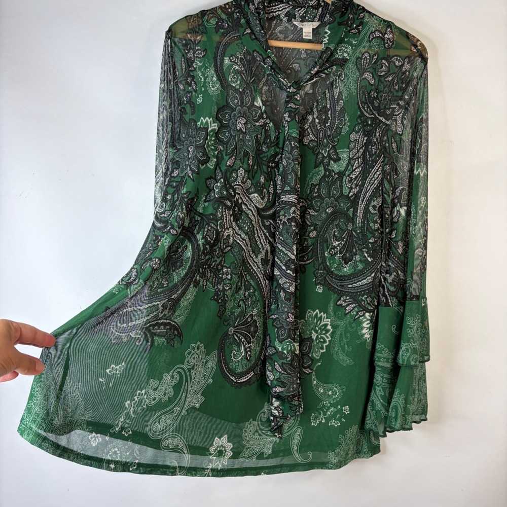 Cato Blouse Womens 18/20W Green Paisley Tie Neck Tiered Bell Sleeve Mesh Overlay - Picture 10 of 10